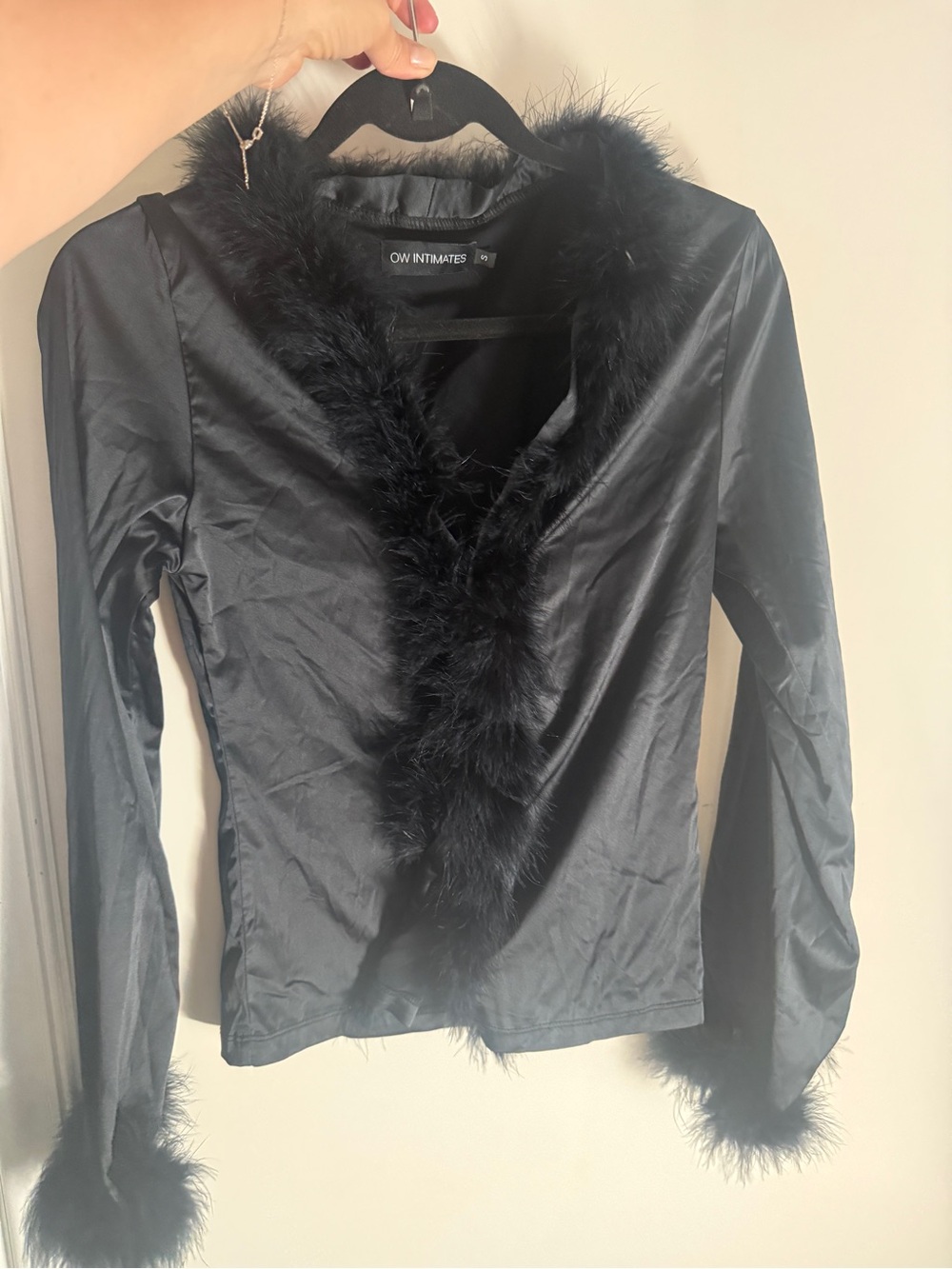 OW Intimates Black Satin look Feather Trim Top Faux Feathers Sz S